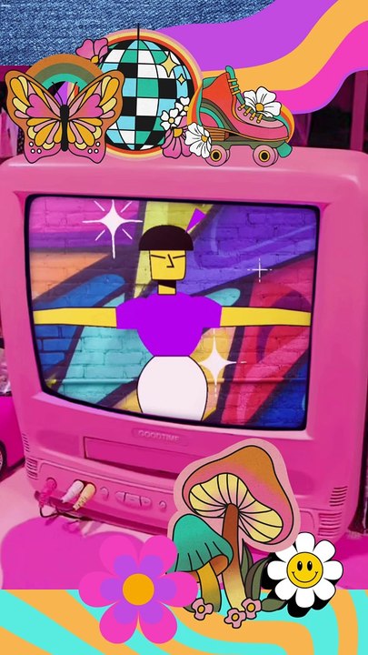 Retro Animated Video of Pink TV with Cartoons dancing to retro music