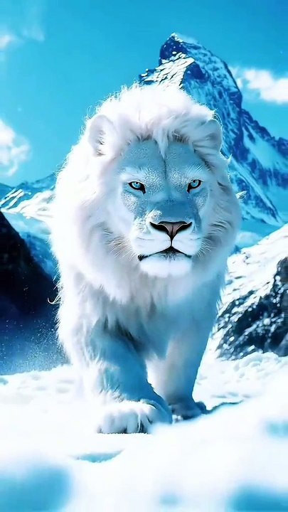 "Majestic White Lion Walking on Snowy Mountain | Elegant 4K Live Wallpaper"
