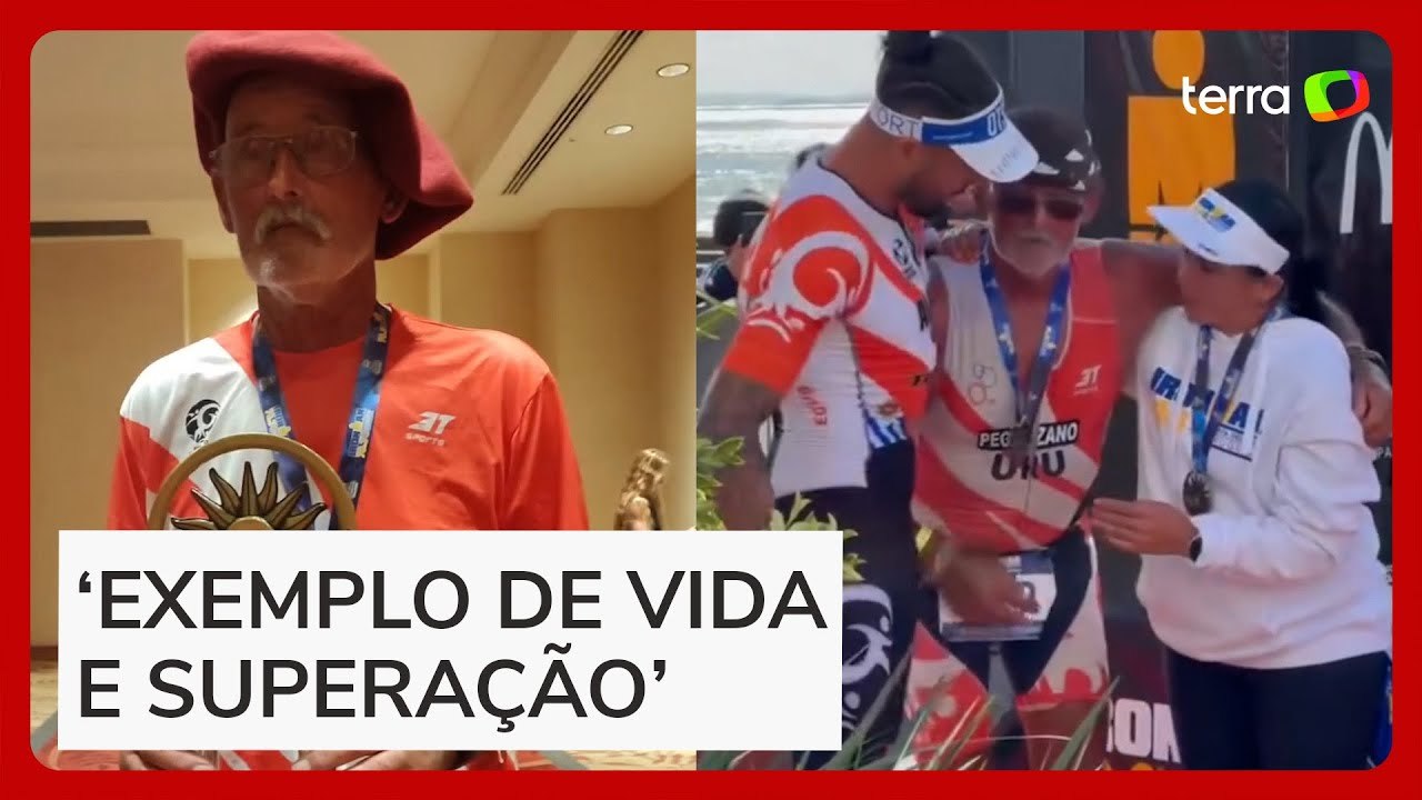 Idoso de 74 anos se emociona ao completar prova de triatlo Half Ironman