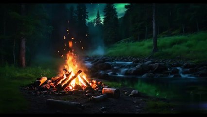 Cozy campfire in a lush green forest, with babbling stream  🏕️🌲 relaxing music for sleep  ✨🌊