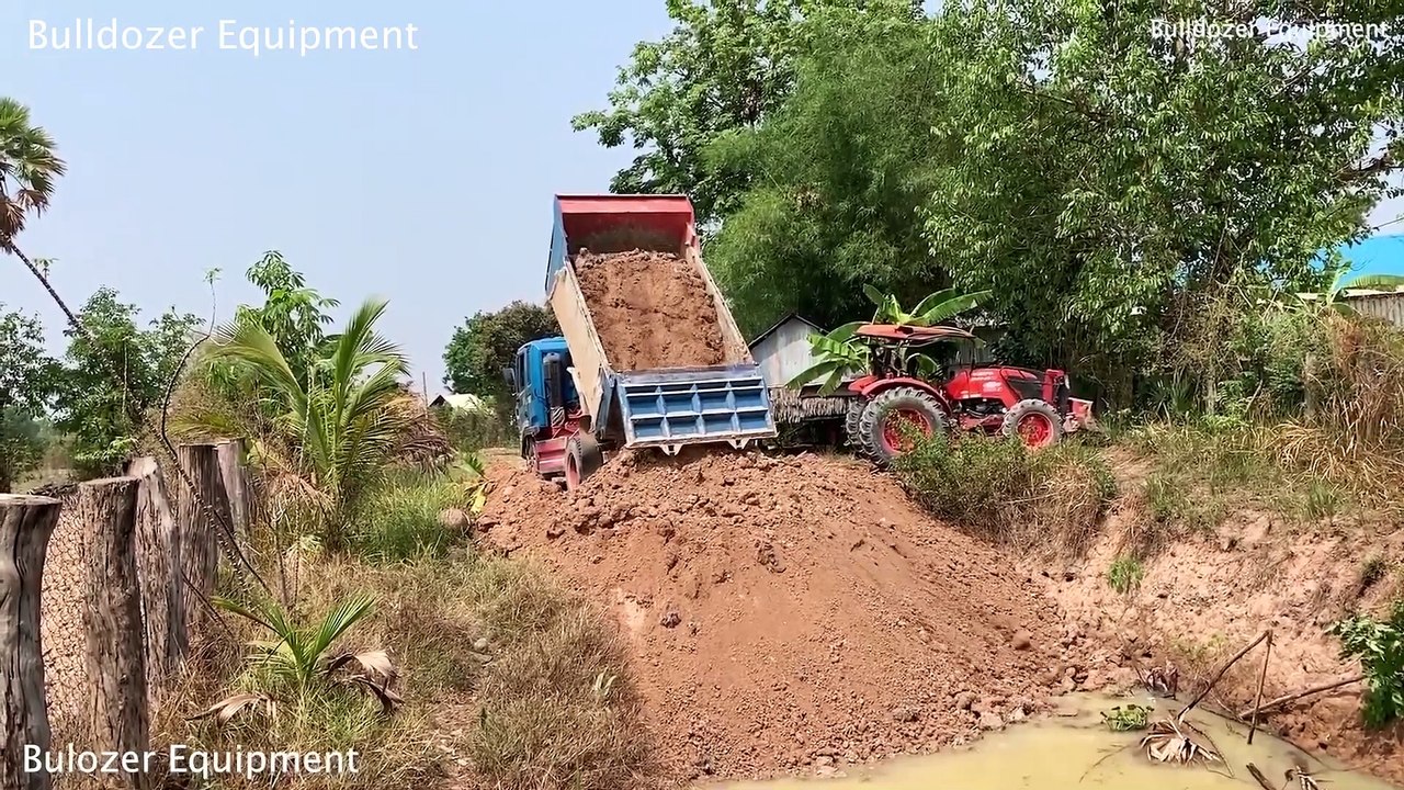 Wonderful Project!! Bulldozer _ Truck 5T Push Rock Siol Into Water Filling Flooded Land