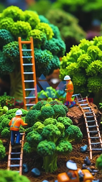 Giant crops are being cultivated. Apples, carrots, corn, pineapples, these are being harvested from the crops.