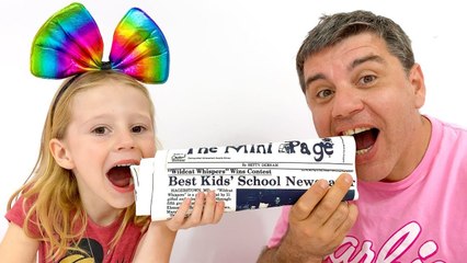 Nastya plays with her dad in a challenge with chocolate toys