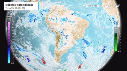 Mapa de precipitação e isóbara entre os dias 25 e 27 de março.