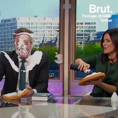 Piers gets a pie in the face