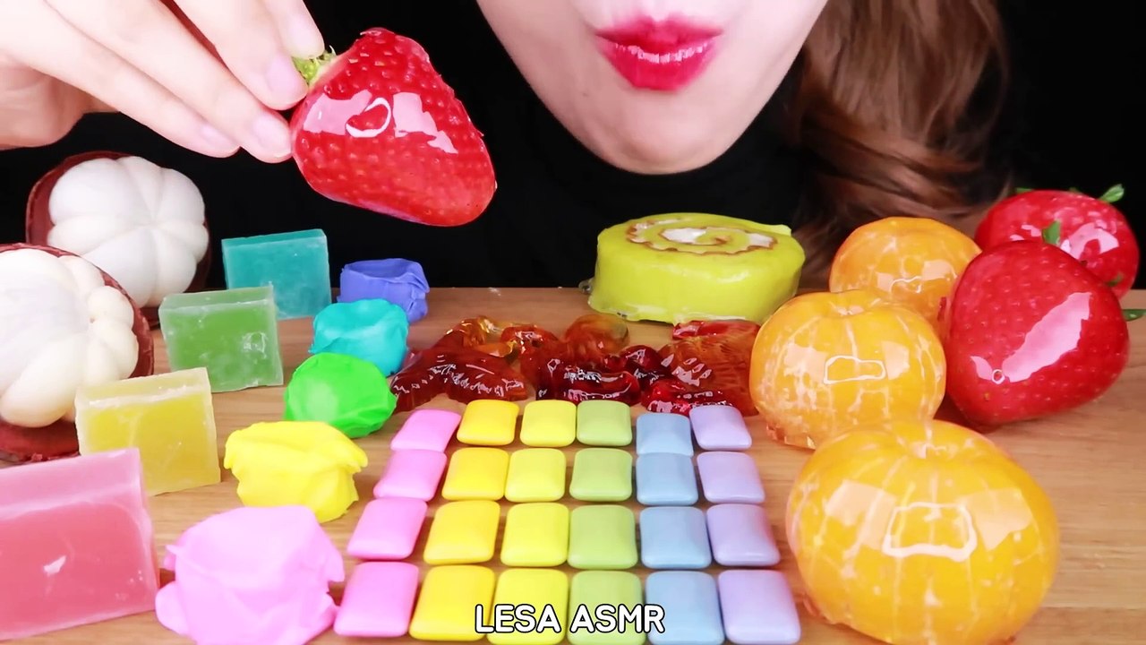 ASMR RAINBOW FOOD JEWEL JELLY, CARAMEL CANDY, FRUIT TANGHULU EATING SOUNDS MUKBANG 먹방 咀嚼音