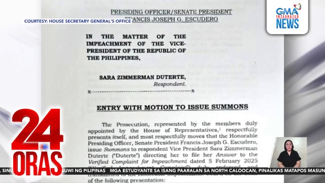 Hiling ng prosec na padalhan ang VP ng summons, tinanggihan ni Sen. Pres. Escudero | 24 Oras