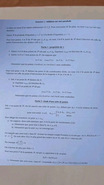 Exercice 1 - Concours Général de Maths - Terminale - Addition sur une parabole (Suite et Géométrie)🌶