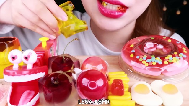 ASMR CHERRY JELLY, CUP JELLY, CROCODILE CANDY RED YELLOW FOOD EATING SOUNDS MUKBANG 먹방 咀嚼音