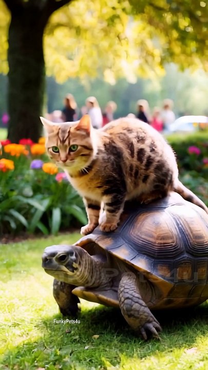 Cat Riding Tortoise In Public Garden - FunkyPets4u
