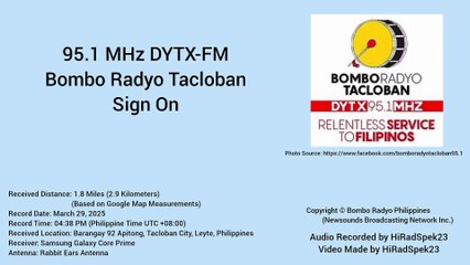 95.1 MHz DYTX-FM Bombo Radyo Tacloban Sign On