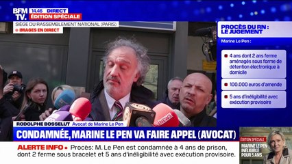 Marine Le Pen condamnée à 5 ans d'inéligibilité: son avocat, Rodolphe Bosselut, annonce que sa cliente va faire appel