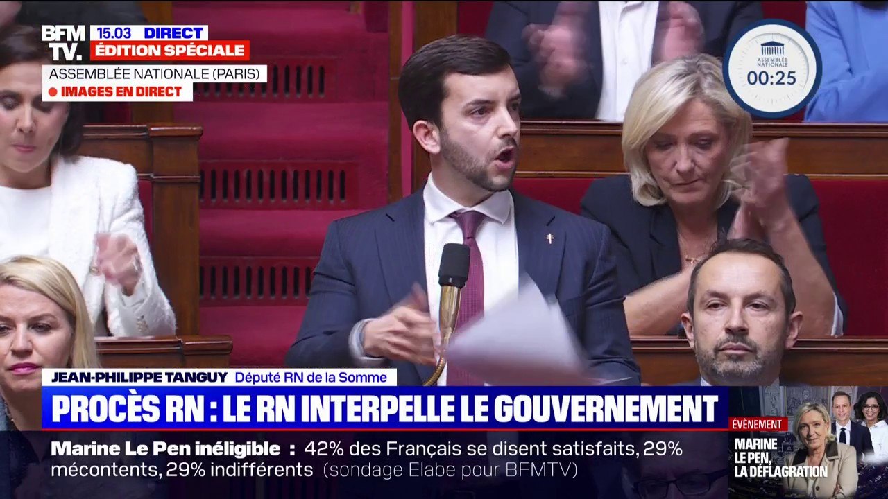Marine Le Pen inéligible: "Le groupe Rassemblement national ne vous laissera pas voler l'élection présidentielle", assure Jean-Philippe Tanguy (RN)