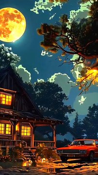Mysterious Night View | Car, Wooden House & Yellow Moon Live Wallpaper