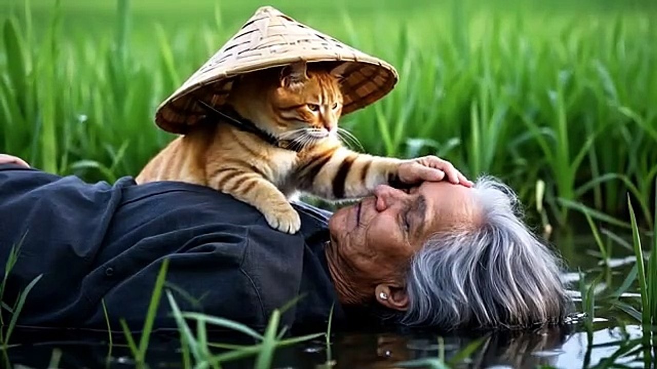 The old granny suffered from heatstroke, and the little cat cooked soup for her to drink