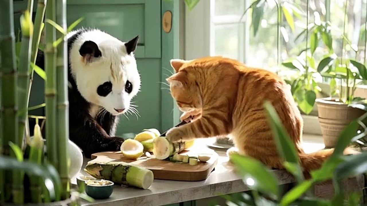 The kitten saved the giant panda and took it home to cook bamboo shoots for the giant panda to eat