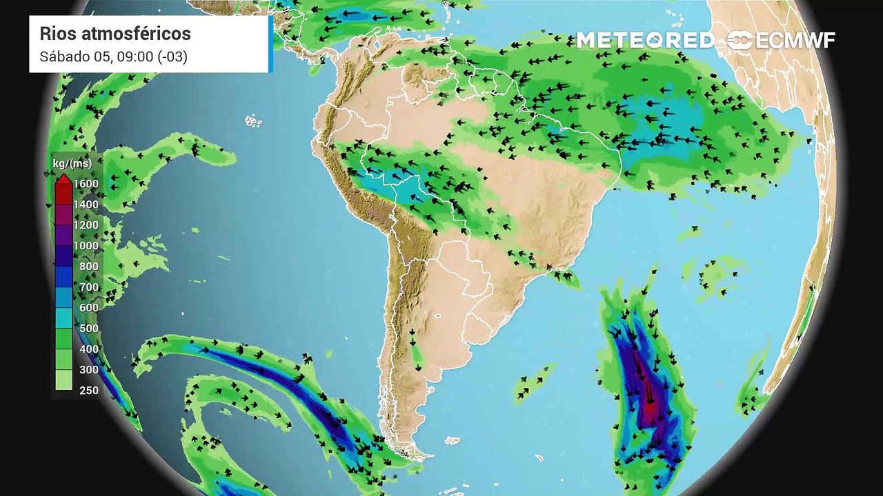 Quinta-feira: Previsão do deslocamento de rios atmosféricos  para a América do Sul entre os dias 02 e 04 de abril.