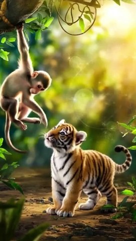 d Today, the monkey has made friends with a lion cub.