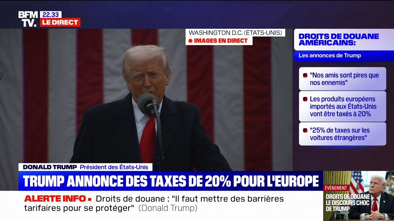 Droits de douane américains: "Nous allons établir un tarif minimum de base de 10% pour permettre aux pays de nous aider à reconstruire notre pays", annonce Donald Trump