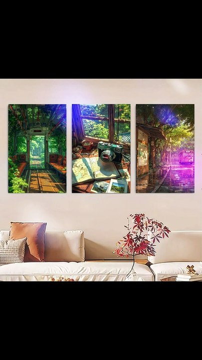 Set Of 3 Nature Art Wooden Frames For Wall Decoration / Sticky Photo Tile
