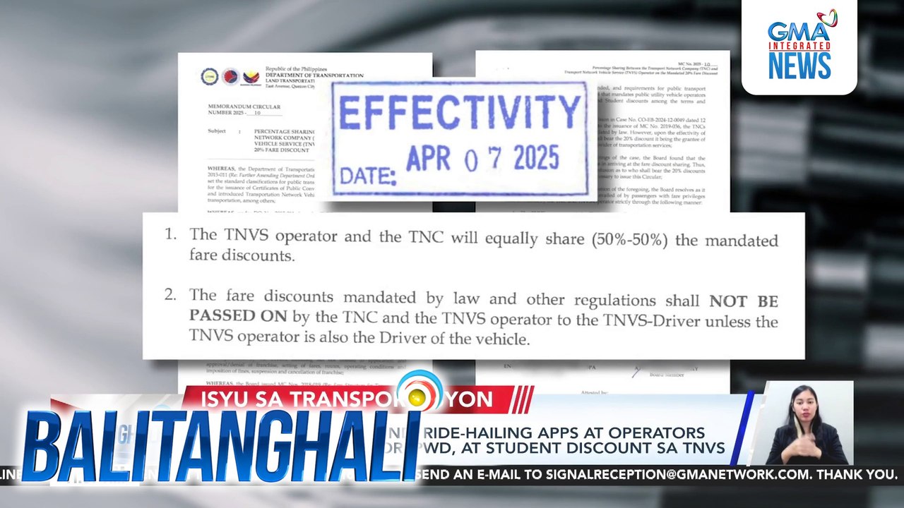 LTFRB - Hindi driver kundi ride-hailing apps at operators ang papasan sa senior, PWD, at student discount sa TNVS | Balitanghali