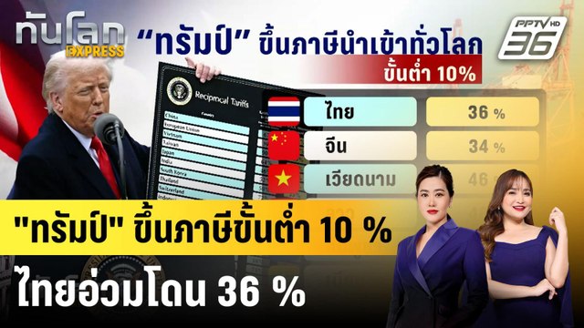 ทรัมป์ ขึ้นภาษีทุกประเทศขั้นต่ำ 10 %ไทยอ่วมโดน 36 % |ทันโลก EXPRESS | 3 เม.ย. 68