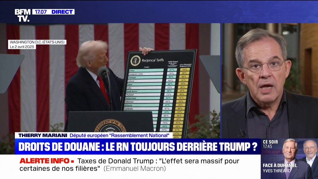 Taxes douanières américaines: "Donald Trump fait ce qu'il avait dit, ce qui est surprenant c'est que l'UE n'ait pas montré les muscles avant", affirme Thierry Mariani (RN)
