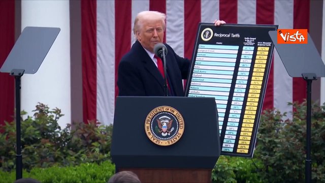 Trump mostra la tabella con la lista dei dazi ad ogni Paese nel giardino della Casa Bianca