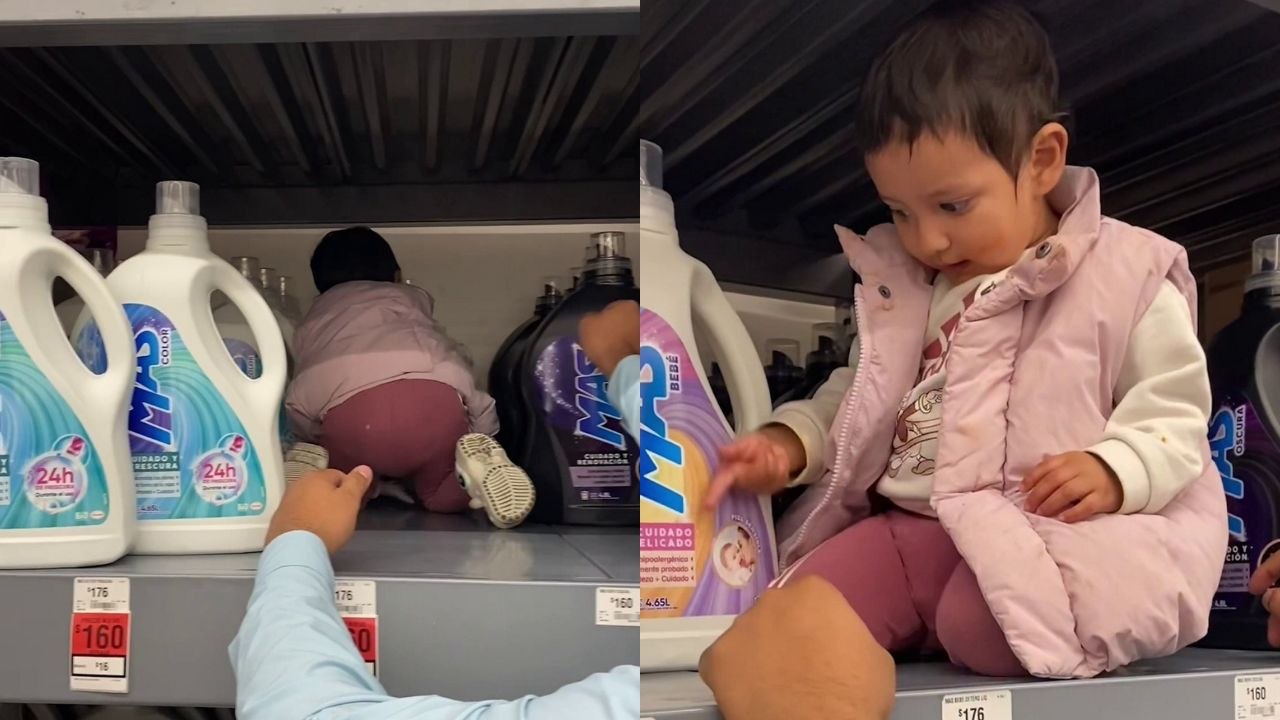 Eltern lassen Kleinkind auf Regal krabbeln und Produkt greifen