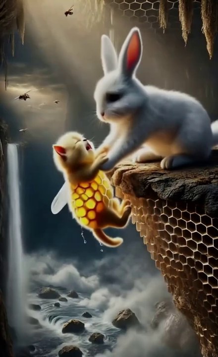 A rabbit helped a cat