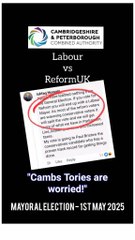 More and more political commentators in #Cambridgeshire are realising that the forthcoming Mayoral election is gonna be between #Labour & #ReformUK ... And #Conservatives in #Peterborough are bricking it❗😅