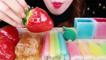 ASMR RAINBOW FOOD FROZEN WAX CANDY CUP, HONEYCOMB TANGHULU, CANDIED FRUIT  STRAWBERRY EATING MUKBANG