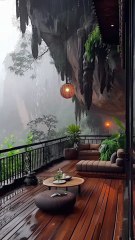 Cliffside Tea Lounge Retreat with Lanterns, Rainfall, Misty Valley Views.