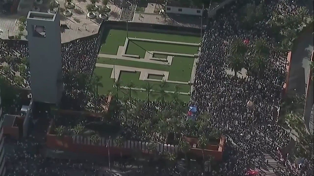 Aerials show thousands of LA demonstrators marching in anti-Trump massive protest