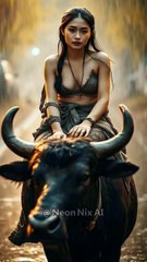 A village girl riding a buffalo #ai #woman #beauty