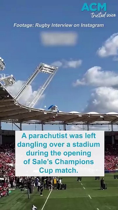 Parachuter delays rugby match after becoming stuck on stadium roof