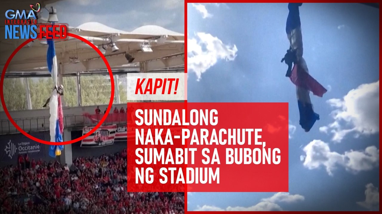 Kapit! Sundalong naka-parachute, sumabit sa bubong ng stadium | GMA Integrated Newsfeed