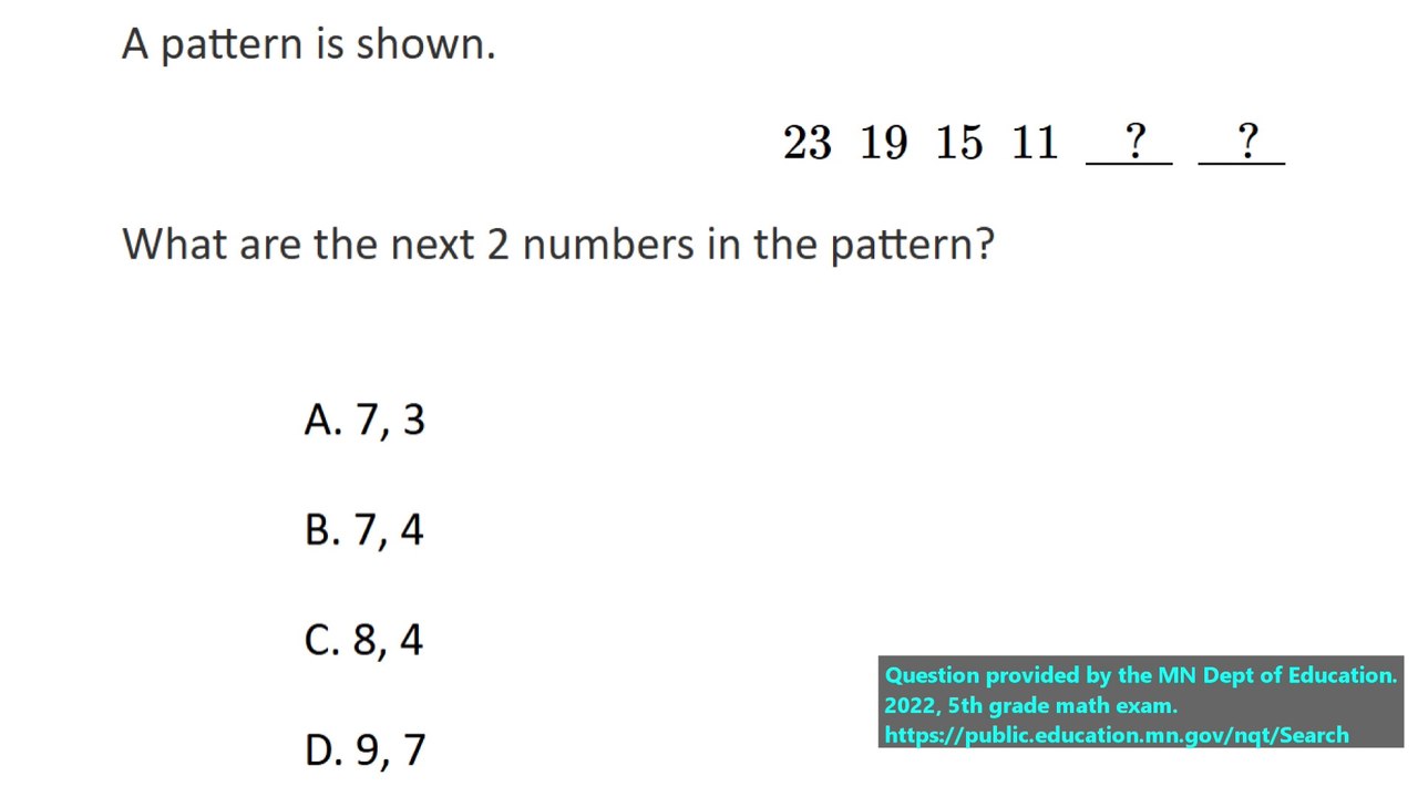 Number patterns question #2. State exam question (released) for 5th grade.