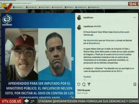 Fiscal General Tarek William Saab anuncia detención de Nelson Soto por incitación al odio