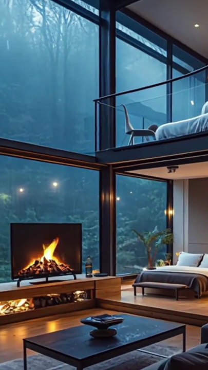 Modern Glass Cabin Retreat with Loft Bedroom, Forest Views, Cozy Fireplace, Elegant Interior, and Floor-to-Ceiling Windows for Relaxation
