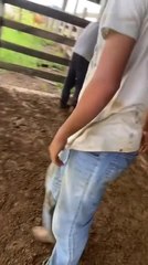 Calf Hits Guy While Jumping Over Him to Run Out