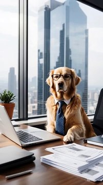 A golden retriever sitting at a modern office desk in a bright, high-rise building. The dog is wearing glasses and a business suit, typing on a laptop with a coffee mug beside it that says Top Dog.