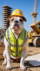 A muscular bulldog wearing a yellow construction vest, hard hat, and tool belt, standing confidently at a construction site. The dog is holding blueprints and barking orders to other dogs in the background.