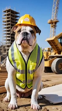 A muscular bulldog wearing a yellow construction vest, hard hat, and tool belt, standing confidently at a construction site. The dog is holding blueprints and barking orders to other dogs in the background.