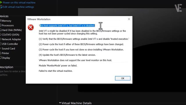 Solved - This host supports Intel VT-x but Intel VT-x is disabled in VMware Workstation