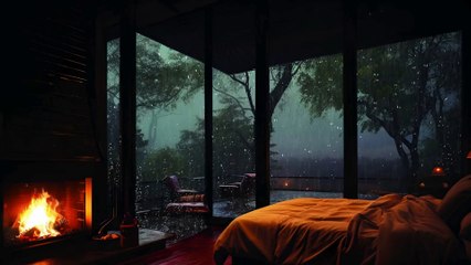 BEST RAIN on forest at night to sleep well | Goodbye insomnia with Heavy Rain  & Fireplace Sounds
