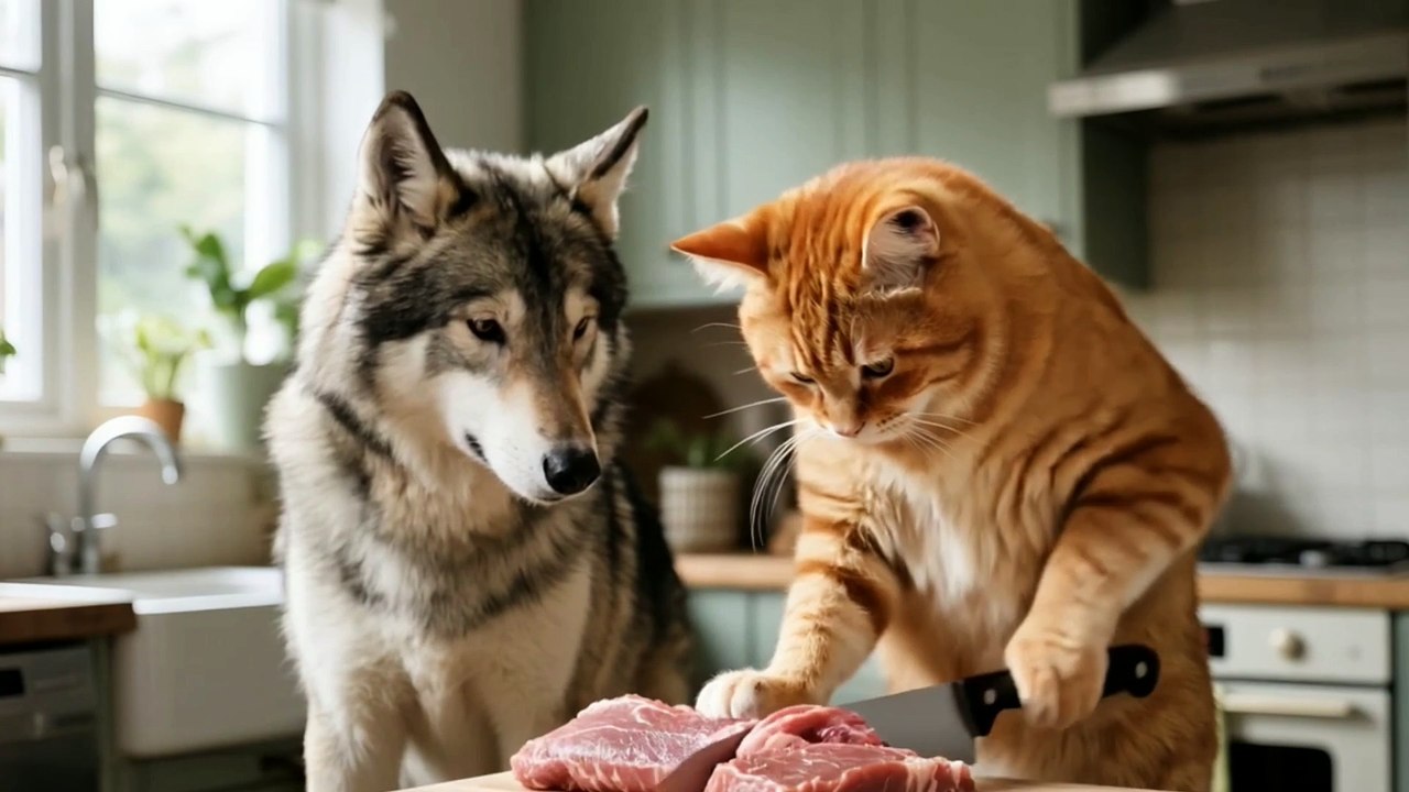Kitten Rescues Gray Wolf and Cooks Meal