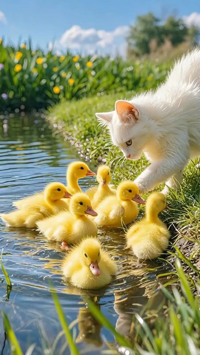 The cat playing with duc