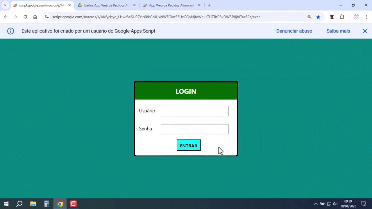 Planilhas Google | App Web de Pedidos de Material Almoxarifado com Login | Apps Script | PRONTO