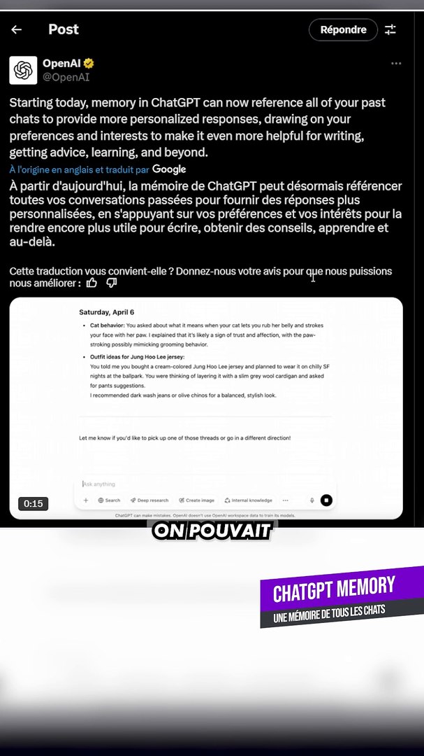 CHATGPT SE SOUVIENT DE TOUT !! 🧠 #chatgpt #gpt4o #actusia #chatgptmemory #openai #gemini